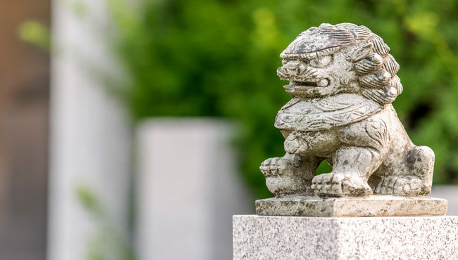 An intricate, stone lion statue sits regally atop a stone column. 
