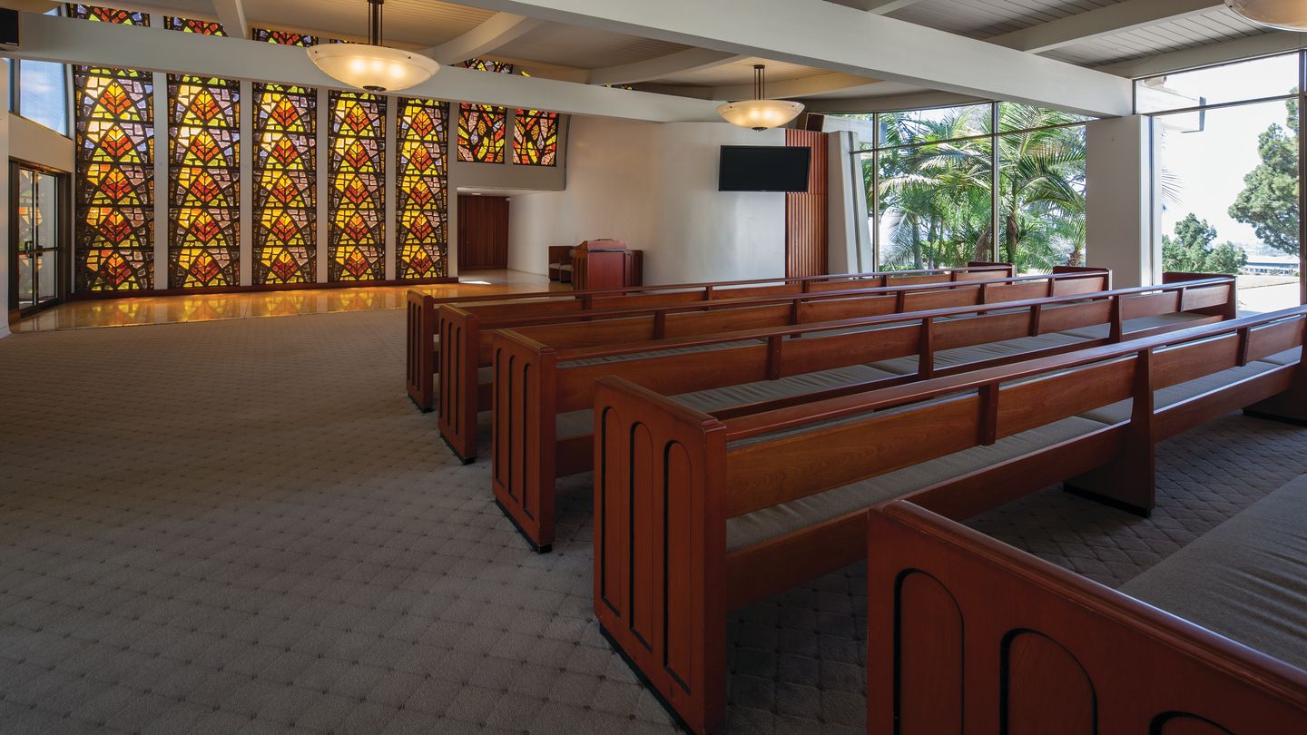 The stained-glass windows at Memorial Chapel echo the natural beauty of the landscape at Rose Hills Memorial Park & Mortuary. 