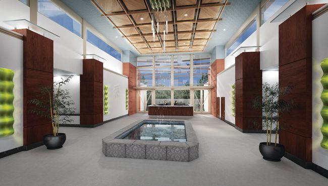 The lobby of Hua Yuan Ceremonial Complex at Rose Hills showcases the elements of water, sun and air. 