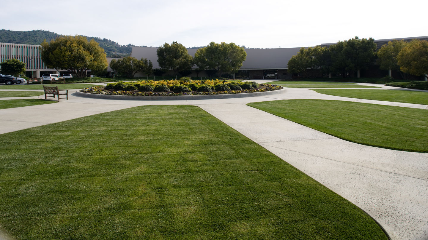 An open courtyard greets guests at Rose Hills Memorial Park and Mortuary. 