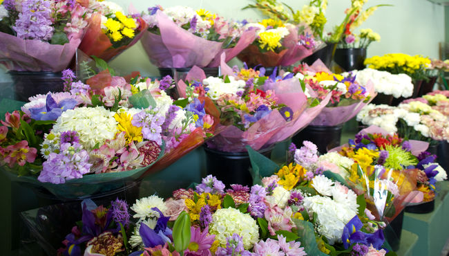 Colorful bouquets for purchase at The Flower Shop at Rose Hills Memorial Park & Mortuary.