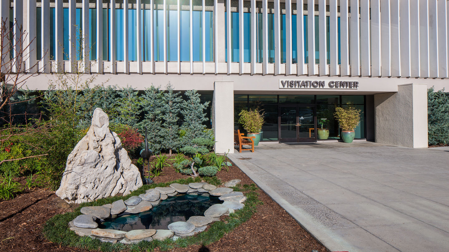 Meticulous and well-manicured landscaping greets guests outside the Visitation Center at Rose Hills Mortuary.  