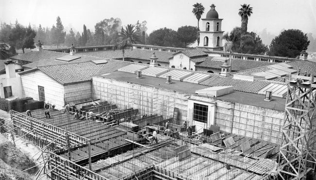 Historical image of El Portal de La Paz under construction at Rose Hills Memorial Park in Whittier, CA.