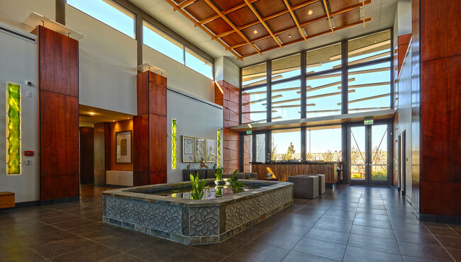 The lobby of Hua Yuan Ceremonial Complex at Rose Hills showcases the elements of water, sun and air. 