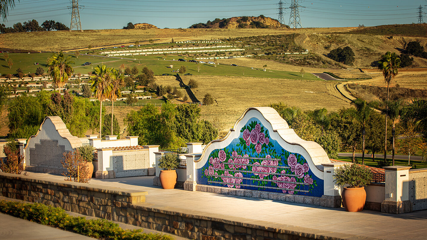 Exterior mosaic niches directly above Our Lady of Guadalupe Mausoleum